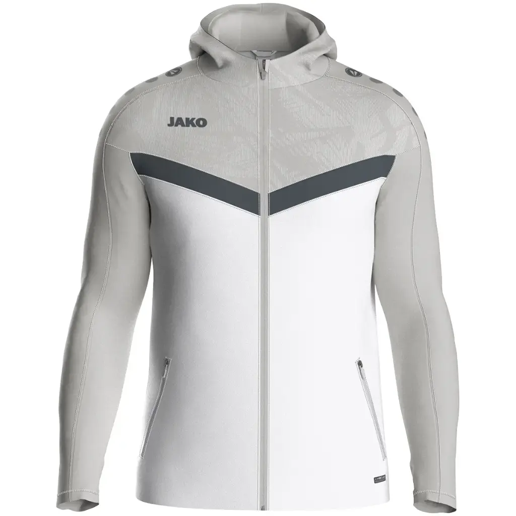 JAKO Veste à capuche junior Iconic – style, performance et durabilité réunis (blanc/gris tendre/anthra light, 128)