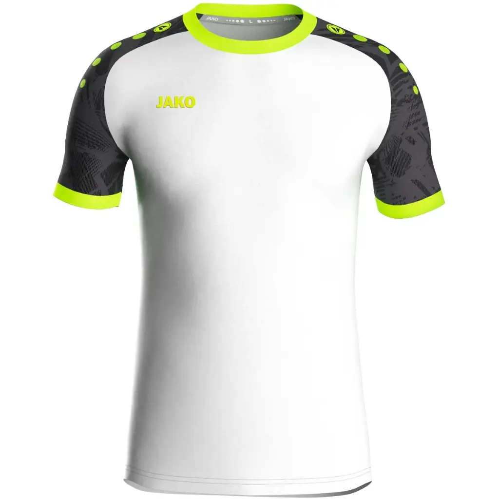 JAKO Maillot junior Iconic manches courtes – performance, style et durabilité réunis (blanc/noir/vert fluo, 116)
