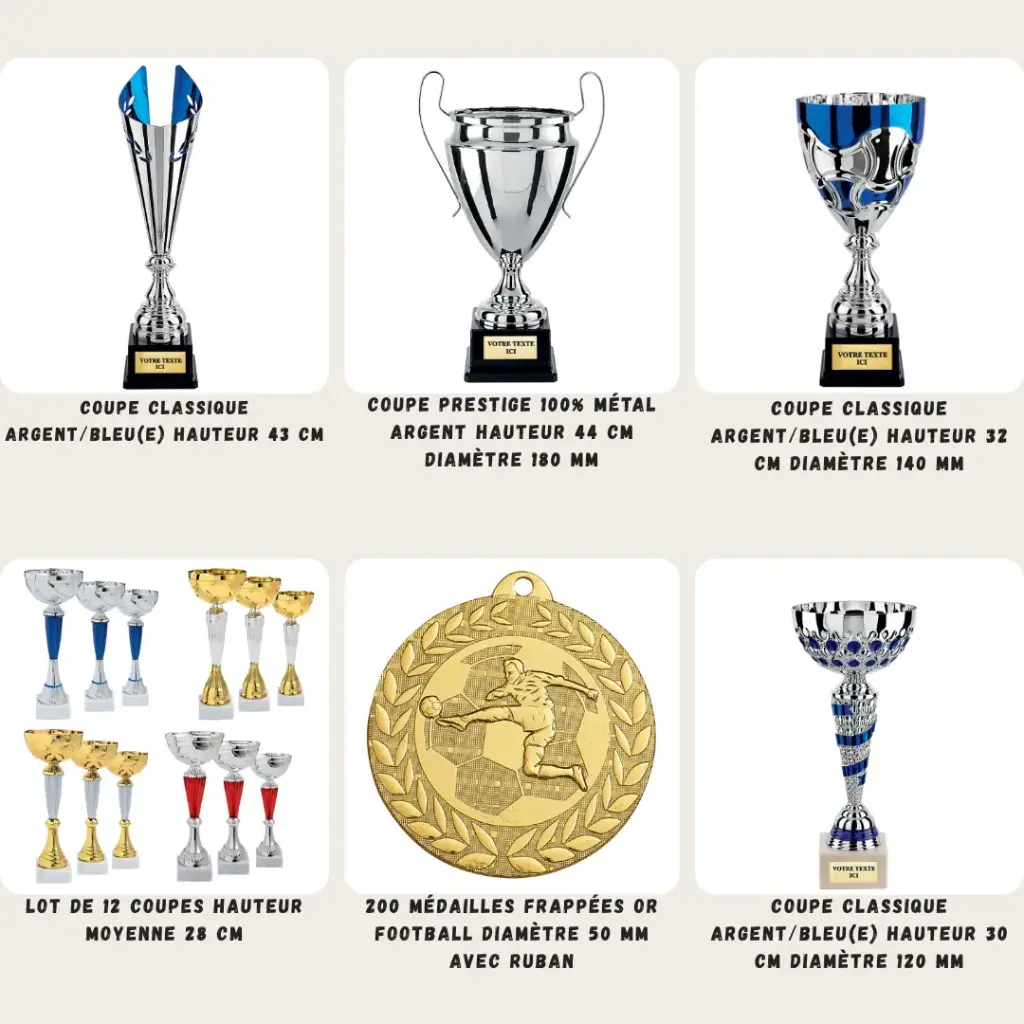 Lot tournoi de foot 16 coupes / 200 médailles